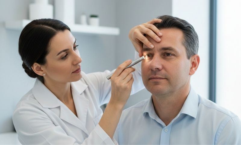 רופאה בודקת את עינו של מטופל כחלק מבדיקה בתחום האוקולופלסטיקה.