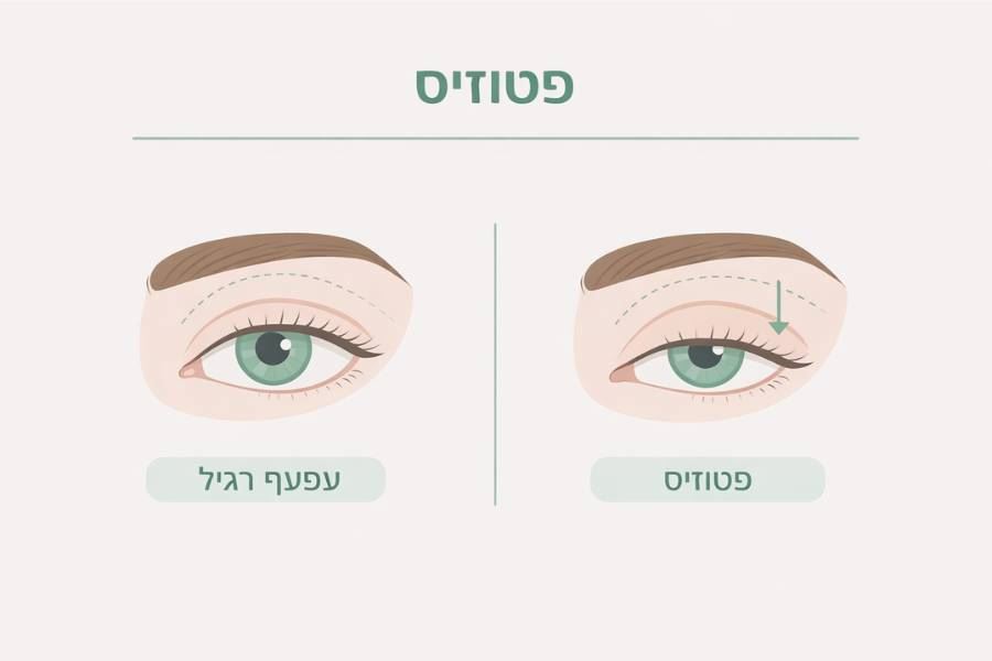 אינפוגרפיקה רפואית המשווה בין עפעף תקין לבין פטוזיס, עם הדגמה של צניחת העפעף העליון.
