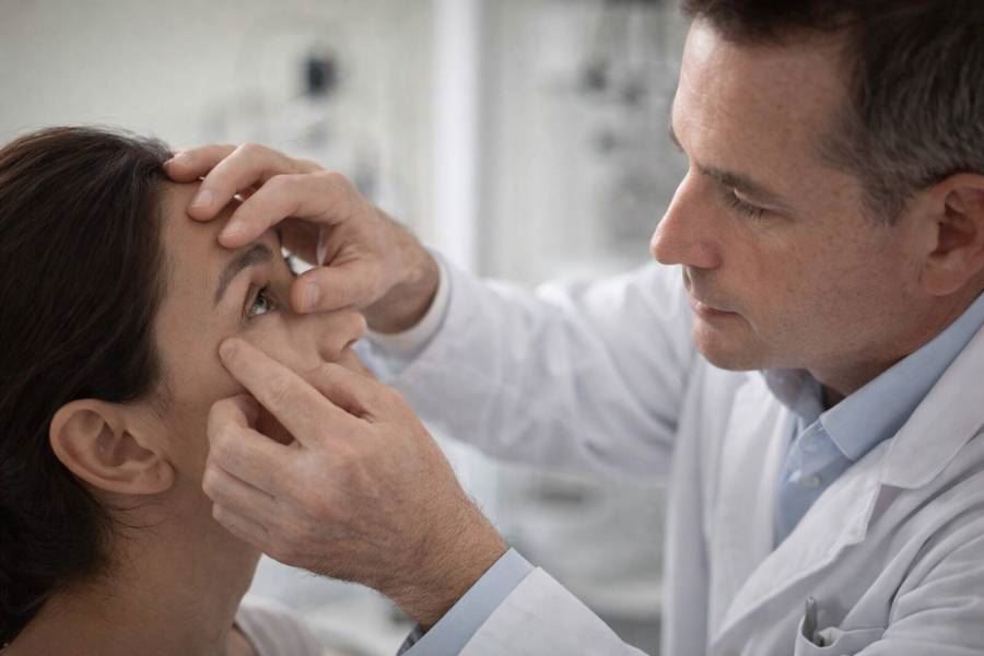 בדיקת פטוזיס על ידי רופא עיניים, הערכת צניחת העפעף העליון ותפקוד שרירי העפעף.